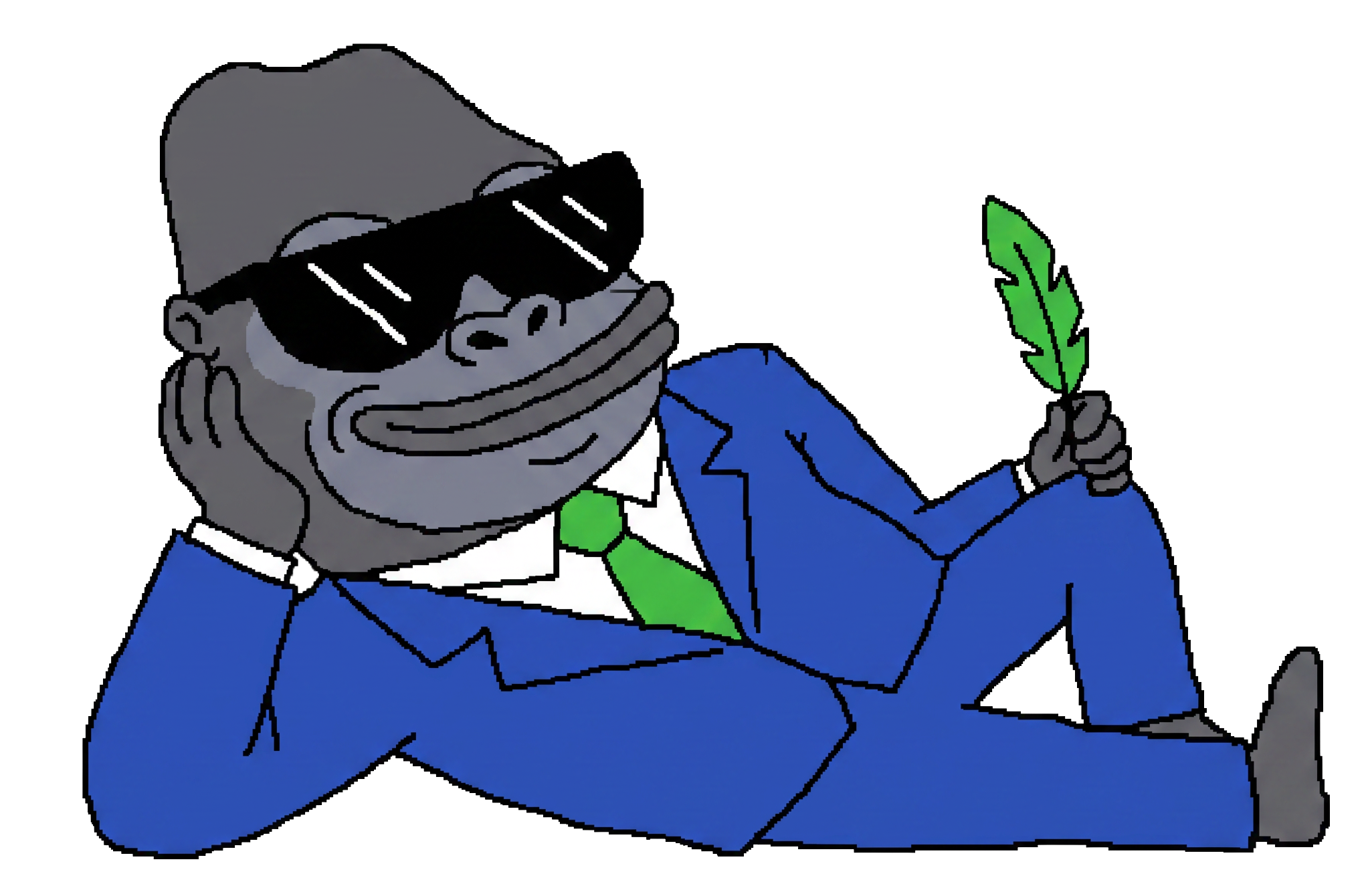 APED lounging in his blue suit, holding a green feather